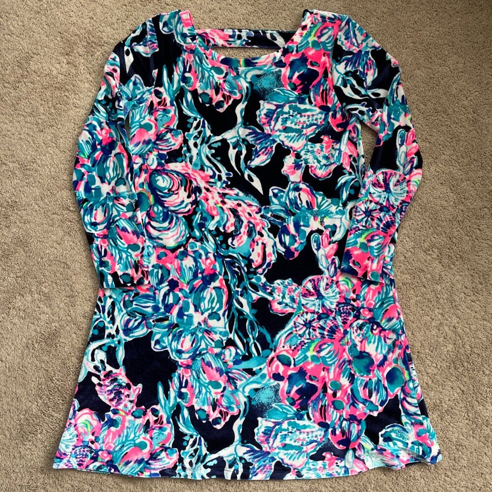 Lilly Pulitzer Dress Womens Small Blue Pink Caught Up Velour High Neck Preppy